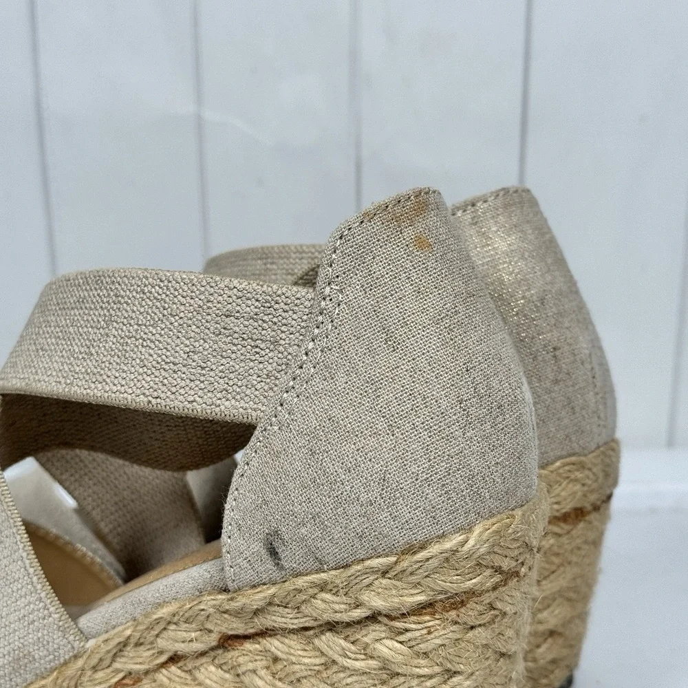 Solanz US 8.5M Helena‎ Espadrille Wedges Strappy Sandals Beige Canvas Chic Shoes